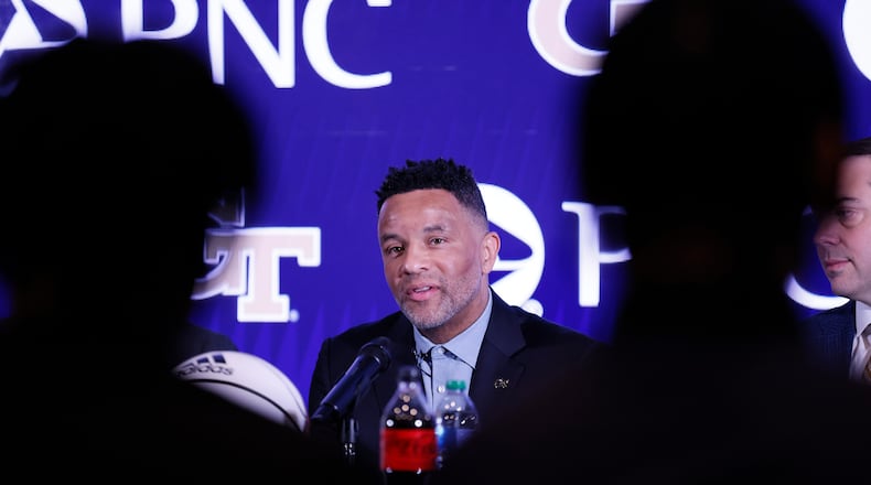 Georgia Tech basketball coach Damon Stoudamire addresses the media during his introductory news conference on March 14, 2023, in Atlanta. (Miguel Martinez/The Atlanta Journal-Constitution/TNS)