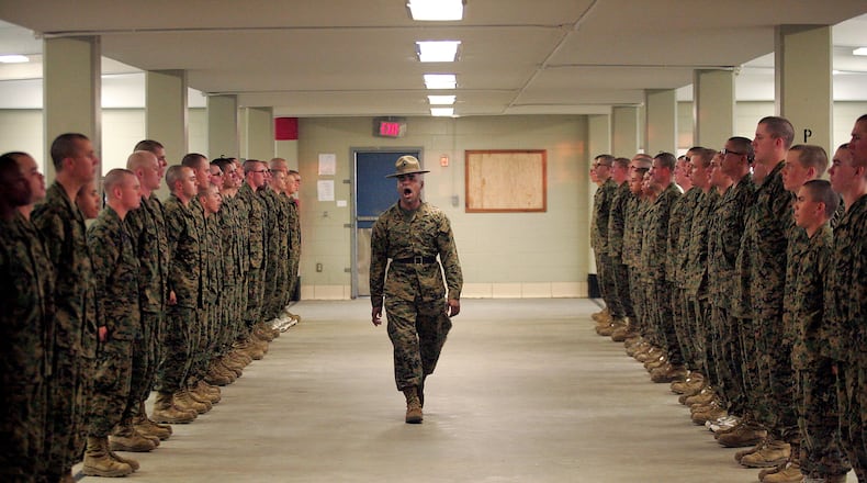 PARRIS ISLAND, SC - United States Marine Corps senior drill instructor Staff Sergeant Hugo Cherena (C) of Waterbury, Connecticut addresses his recruits during boot camp Parris Island, South Carolina. The boot camp is the same location Raheel Siddiqui was training at when he died. (Photo by Scott Olson/Getty Images)