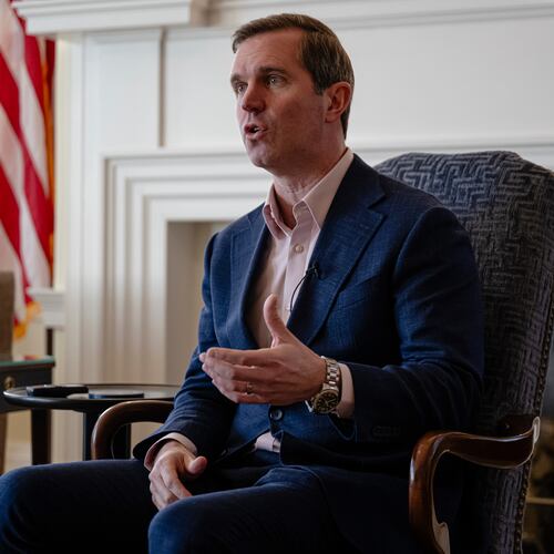 Kentucky Gov. Andy Beshear gives an interview, Monday, Jan. 12, 2026, in Frankfort, Ky. (AP Photo/Jon Cherry)