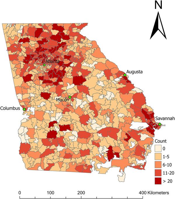 A look at the place of residence for snake bite victims. While not necessarily in the area of where a person got a snake bite, researchers said the findings of this map are almost identical when comparing hospital zip code vs the residential zip code. Researchers say findings indicate most of the people were bitten close to their home but there would certainly be some people who are misclassified. (GeoHealth)