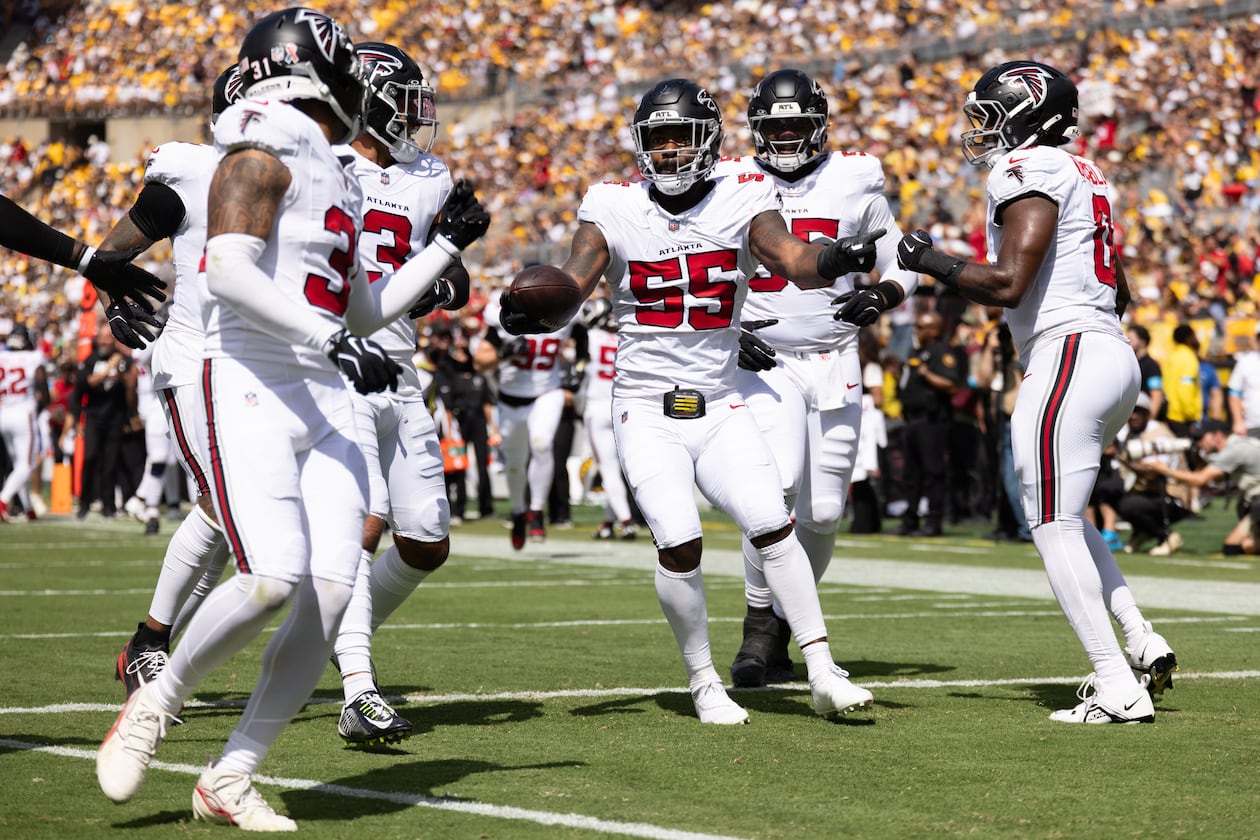 Members of the Atlanta Falcons celebrate a turnover during their game against the Steelers on Sunday, Sept. 13, 2026, in Pittsburgh. Coach Kevin Stefanski acknowledged postgame the team was still “figuring out roles” for a lot of its new players. (Matt Durisko/AP)