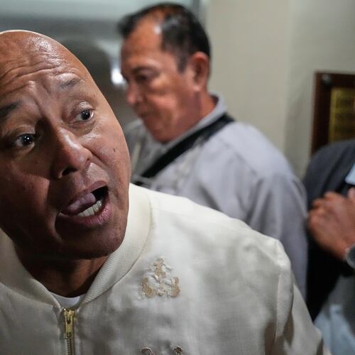Philippine Senator Ronald dela Rosa speaks to reporters at the Philippine Senate in Pasay, Philippines on Tuesday, May 12, 2026. (AP Photo/Aaron Favila)