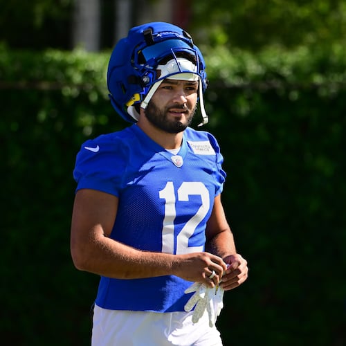 Los Angeles Rams wide receiver Puca Nacua takes the field during an NFL football training camp Monday, July 27, 2026, in Los Angeles. (AP Photo/Wally Skalij)