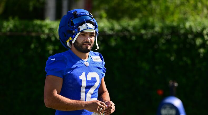 Los Angeles Rams wide receiver Puca Nacua takes the field during an NFL football training camp Monday, July 27, 2026, in Los Angeles. (AP Photo/Wally Skalij)