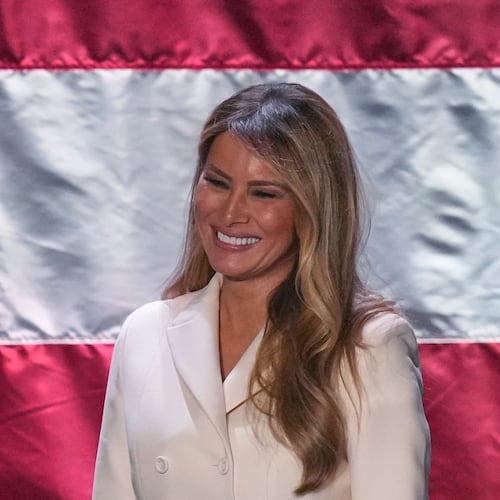First lady Melania Trump smiles during the 113th Annual First Lady's Luncheon, Thursday, April 23, 2026, in Washington. (AP Photo/Jacquelyn Martin)