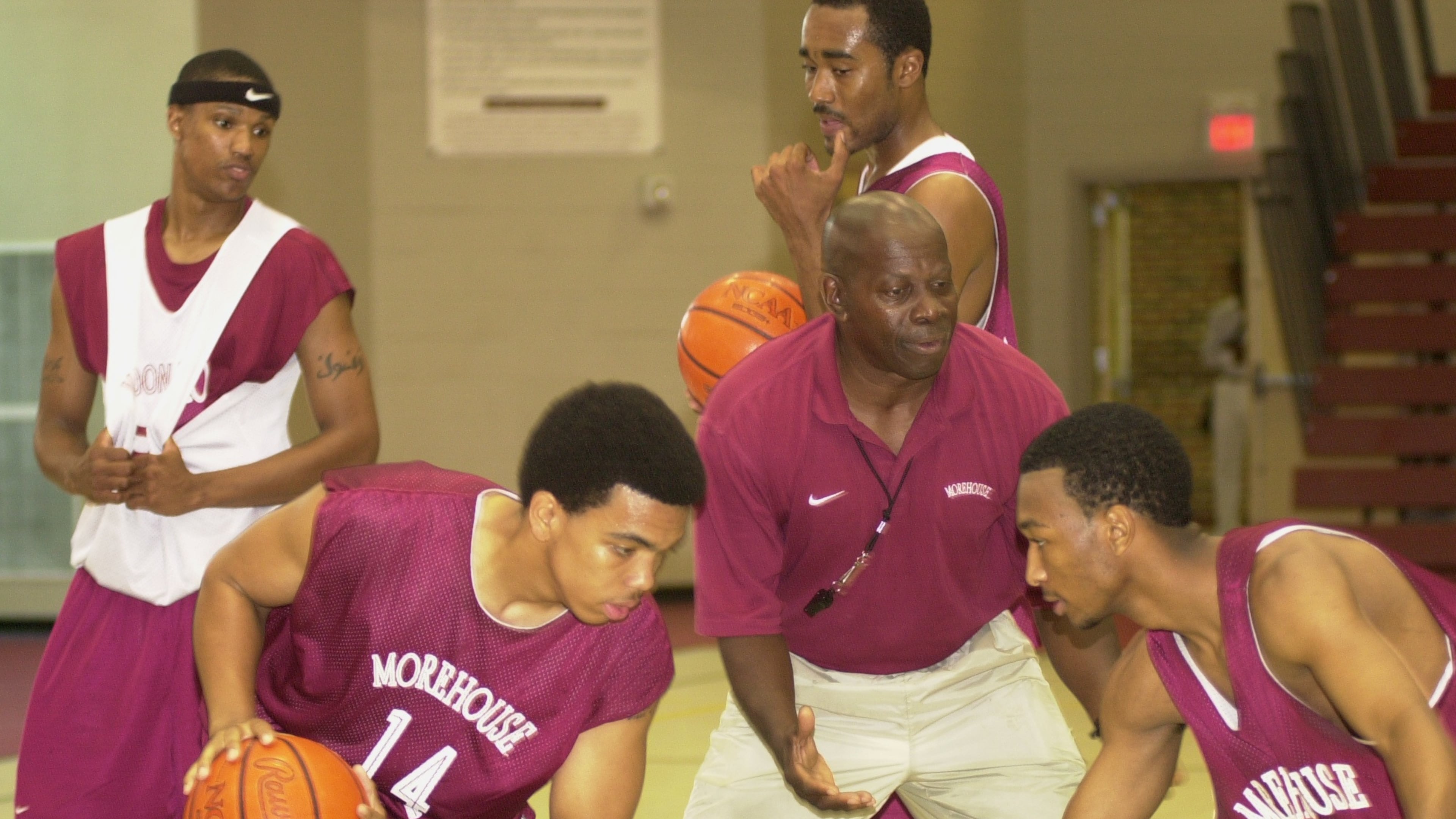 Donald Dollar (center) was Morehouse assistant coach, working with (from left) Rasool Muhammad, Joel Silver, Jabari Barner and Quincy Bell in 2000. (Renee' Hannans/AJC file photo).