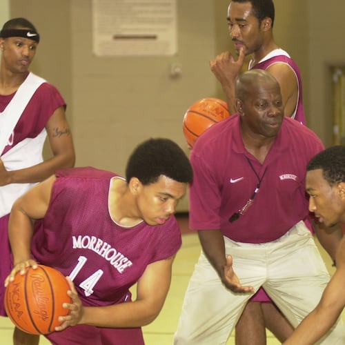 Donald Dollar (center) was Morehouse assistant coach, working with (from left) Rasool Muhammad, Joel Silver, Jabari Barner and Quincy Bell in 2000. (Renee' Hannans/AJC file photo).