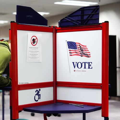 FILE - A person votes early in the Virginia redistricting referendum at the Fairfax County Government Center, April 3, 2026, in Fairfax, Va. (AP Photo/Julia Demaree Nikhinson, File)