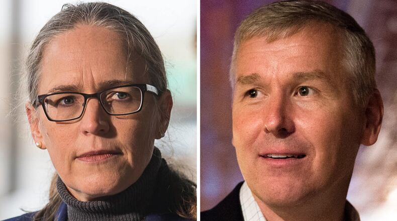 Democrat Carolyn Bourdeaux, left, and incumbent Republican Rob Woodall. The two are locked in a tight race to represent Georgia's 7th Congressional District.