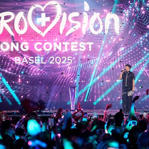 FILE - JJ, from Austria, stands on the stage with his trophy after winning the Grand Final of the 69th Eurovision Song Contest in Basel, Switzerland, May 18, 2025. (AP Photo/Martin Meissner, File)