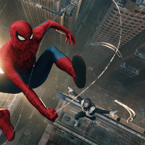 This image released by Sony Pictures shows Spider-Man and Boomerang in a scene from "Spider-Man: Brand New Day." (Sony Pictures via AP)