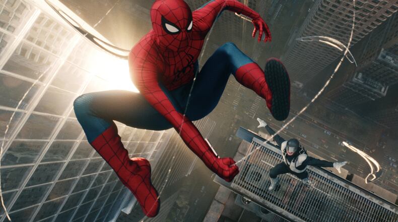 This image released by Sony Pictures shows Spider-Man and Boomerang in a scene from "Spider-Man: Brand New Day." (Sony Pictures via AP)