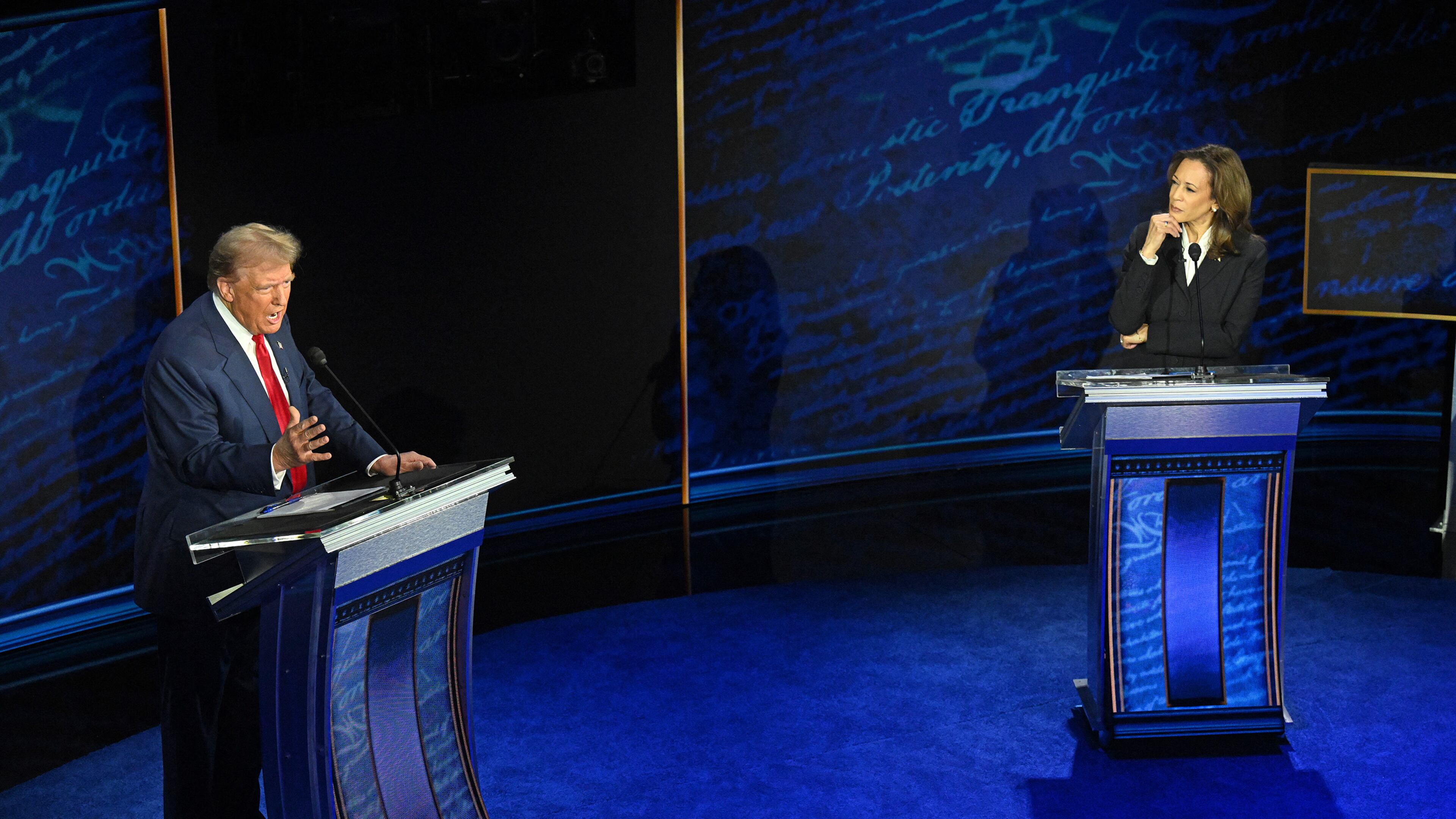 Then-Vice President Kamala Harris listens as current President Donald Trump speaks during a presidential debate at the National Constitution Center in Philadelphia on Sept. 10, 2024. (Saul Loeb/Getty Images)