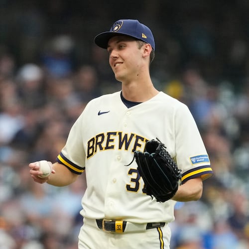 Milwaukee Brewers' Jacob Misiorowski smiles during the fourth inning of a baseball game against the New York Mets, Monday, July 20, 2026, in Milwaukee. (AP Photo/Aaron Gash)