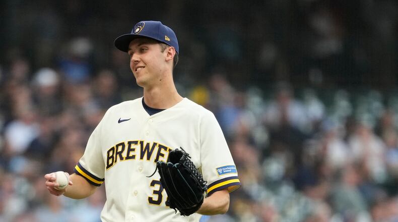 Milwaukee Brewers' Jacob Misiorowski smiles during the fourth inning of a baseball game against the New York Mets, Monday, July 20, 2026, in Milwaukee. (AP Photo/Aaron Gash)
