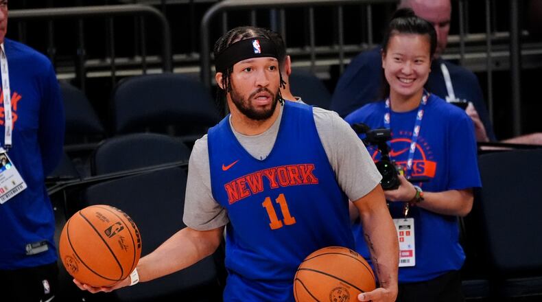 New York Knicks guard Jalen Brunson runs drills prior to Game 3 of the NBA Finals basketball series against the San Antonio Spurs, Sunday, June 7, 2026, in New York. (AP Photo/Ross D. Franklin)