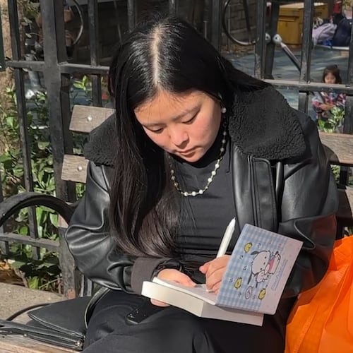 Kim Ventresca, 22, writes in a journal at Union Square Park in Manhattan on Nov. 6, 2025. (AP Photo/Cathy Bussewitz)