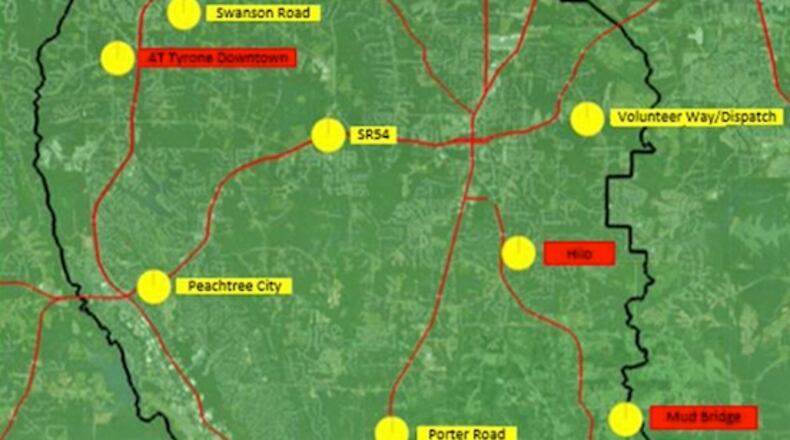 Three more 911 communications towers (in red) are being added to Fayette County's emergency network. Courtesy Fayette County