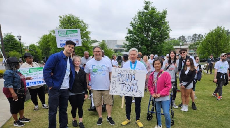 Team Paul Tom at the APDA Georgia Optimism Walk 2024. From left, Colin Tom, Lorie Coats, James Tom, Paul Tom, and Christine Pierson. Paul Tom has been diagnosed with Parkinson's disease. (Photo by Lora Tom)