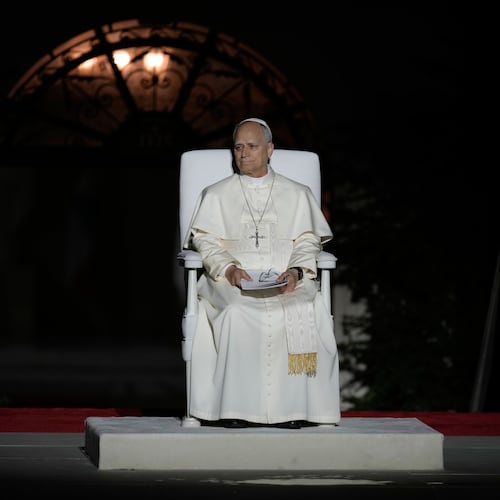 Pope Leo XIV sits onstage during a meeting with youths in Bkerki, the seat of the Maronite Church, in Lebanon, Monday, Dec. 1, 2025. (AP Photo/Bilal Hussein)