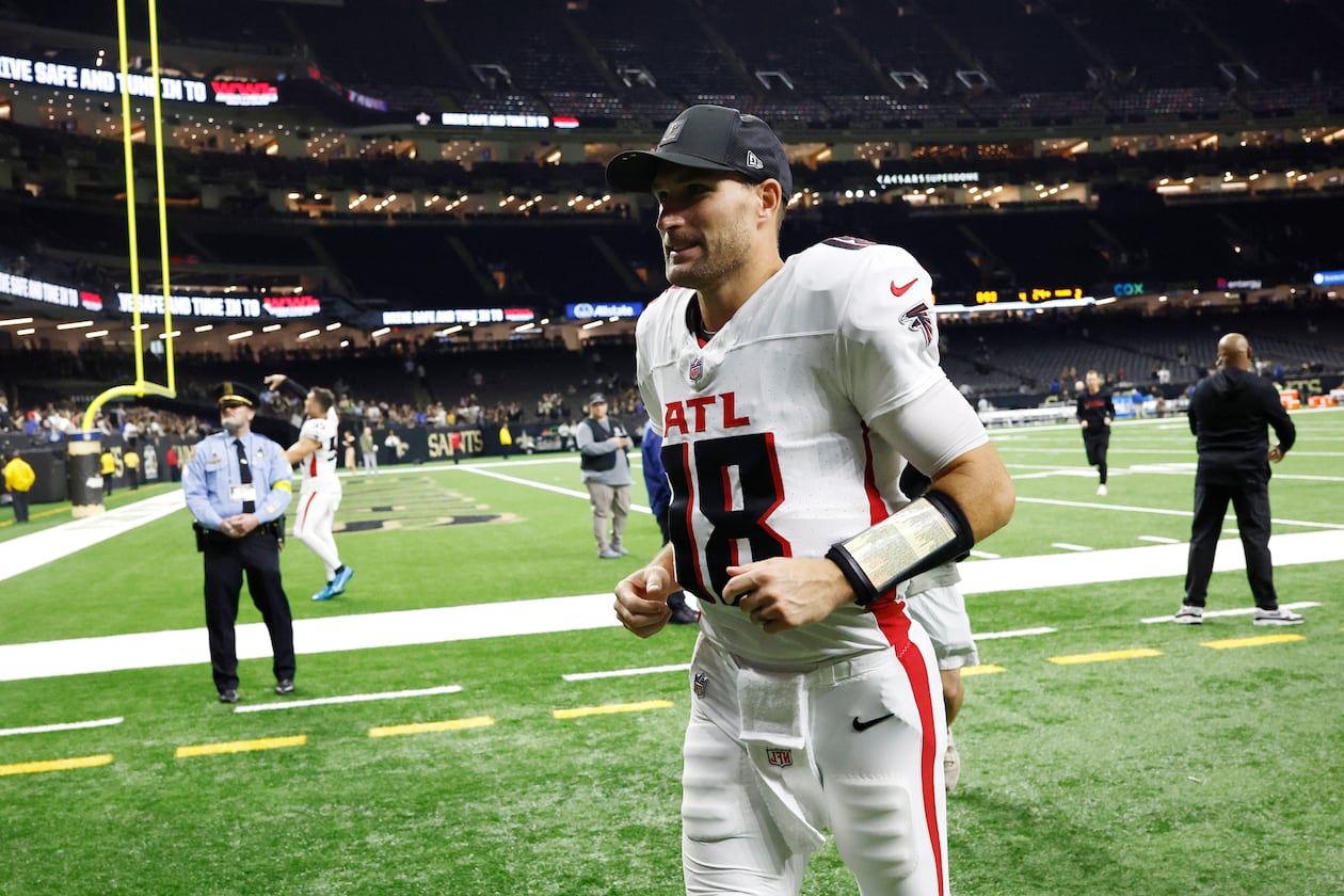 Atlanta Falcons quarterback Kirk Cousins leaves the field after a win against the New Orleans Saints in the second half of an NFL football game, Sunday, Nov. 23, 2025, in New Orleans. (AP Photo/Butch Dill)