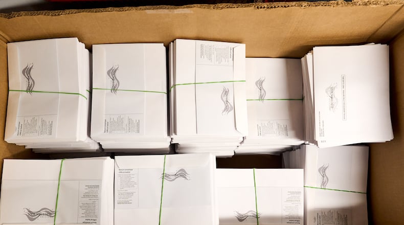A large box of pre-assembled mail-in ballots at the Wake County Board of Elections on Thursday, Sept. 3, 2026, in Raleigh, N.C. (AP Photo/Matt Ramey)