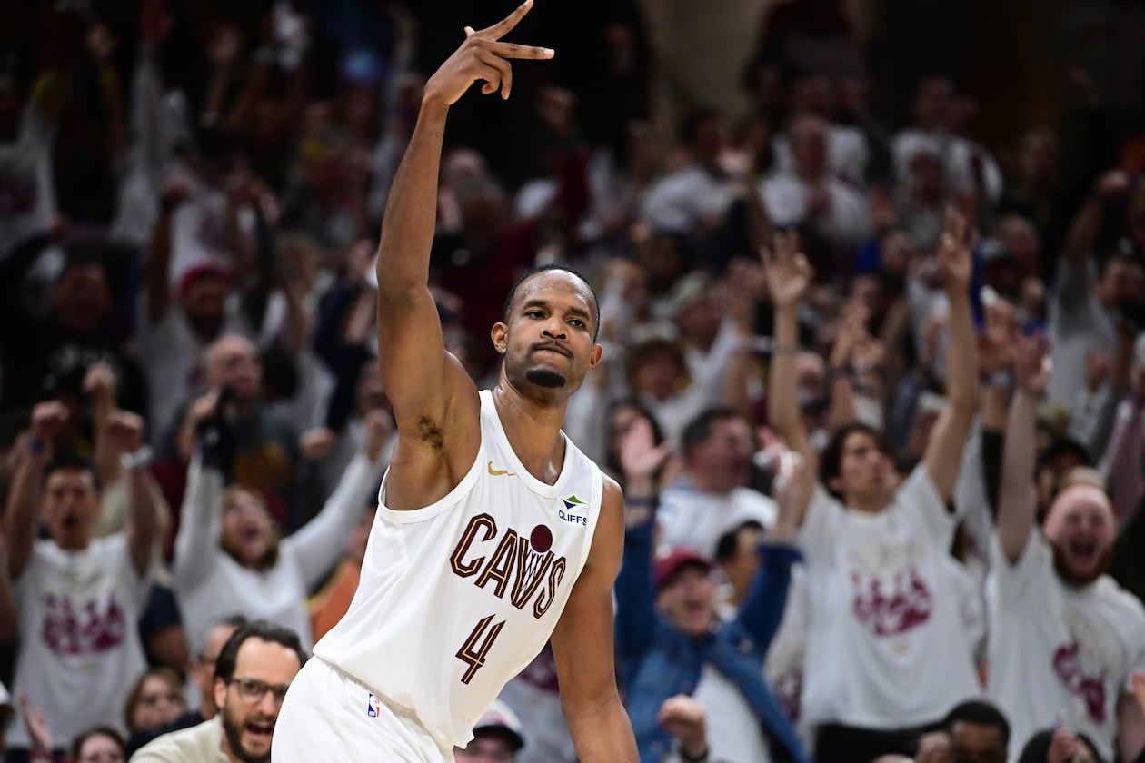 Cleveland Cavaliers center Evan Mobley reacts after making a three point basket during the second half in Game 5 of a first-round NBA playoffs basketball series against the Toronto Raptors, Wednesday, April 29, 2026, In Cleveland. (AP Photo/David Dermer)