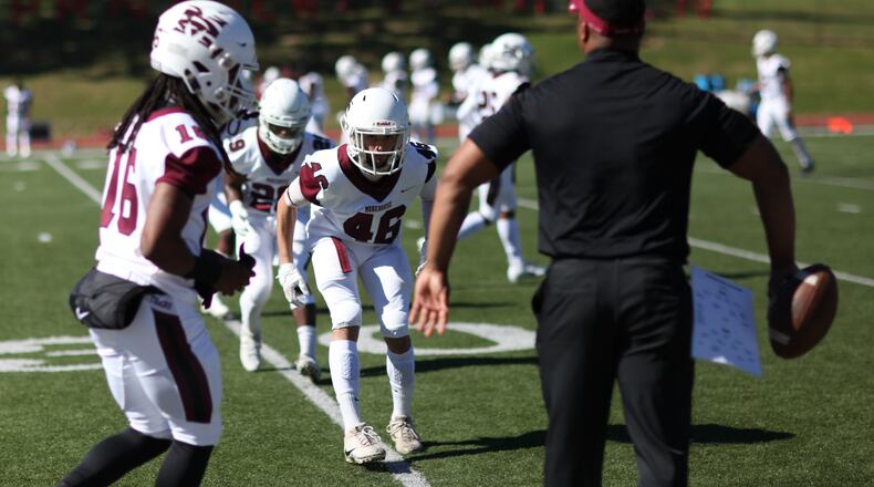 Morehouse players get ready for a game against Clark Atlanta on Nov. 3, 2018. BRANDEN CAMP/SPECIAL
