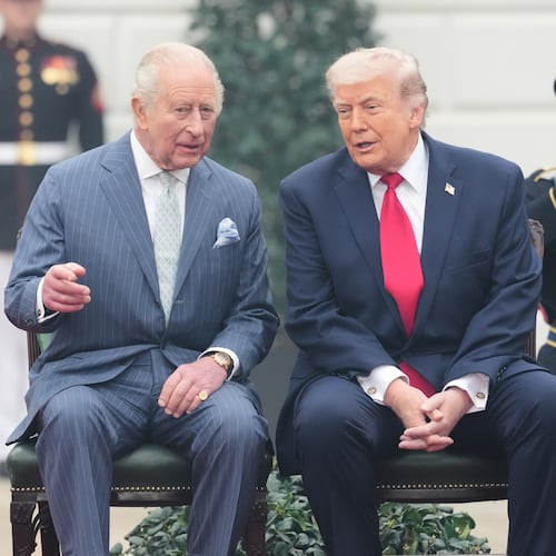 President Donald Trump and Britain's King Charles III are seated on stage during a State Visit arrival ceremony on the South Lawn of the White House, Tuesday, April 28, 2026, in Washington. (AP Photo/Alex Brandon)