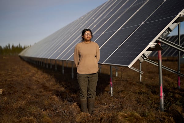 Jade Thurmond poses for a portrait at a construction site of a solar energy project Friday, May 23, 2025, in Galena, Alaska. (AP Photo/John Locher)