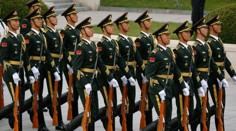 Honor guards march to get into position for the arrival of U.S. President Donald Trump and first lady Melania at Beijing airport on November 8, 2017 in Beijing, China, . Trump visited China as a part of his Asian tour.