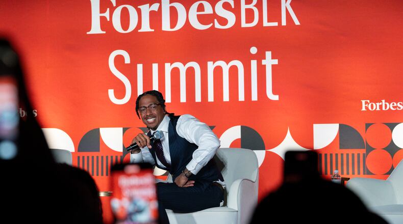 Nick Cannon, TV/radio host, entertainer and entrepreneur, speaks on a panel discussing the untapped potential of Africa’s economy for entrepreneurs looking to expand their businesses during Forbes’ inaugural BLK Summit at the Southern Exchange Ballroom in Atlanta on Monday, Nov. 6, 2023. (Olivia Bowdoin for the AJC).