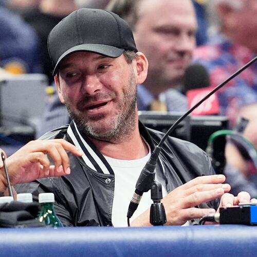 FILE - Former NFL quarterback Tony Romo, right, attends an NBA basketball game between the Indiana Pacers and the Dallas Mavericks on March 5, 2024, in Dallas. (AP Photo/Tony Gutierrez, File)