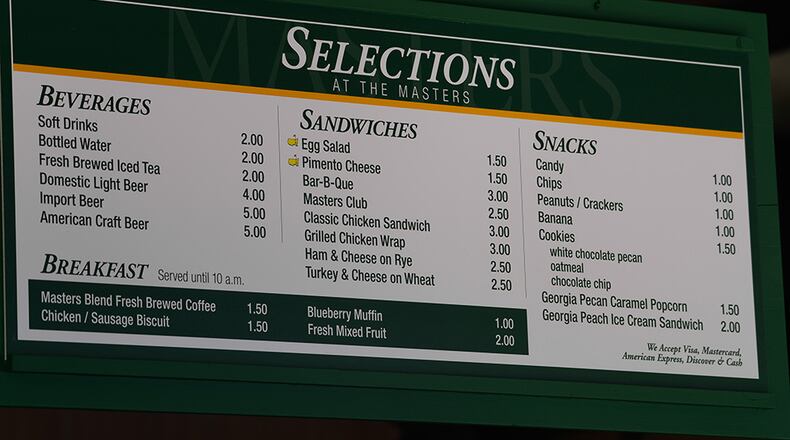 Concession prices at this year's Masters Tournament at Augusta National Golf Club.