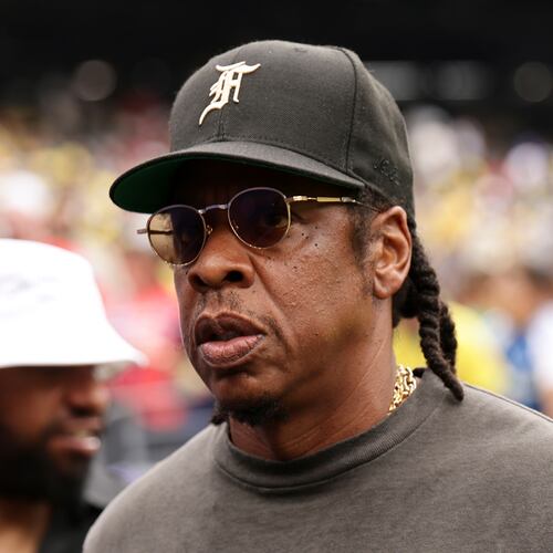 Jay-Z looks on ahead of the start the World Cup round of 16 soccer match between Brazil and Norway in East Rutherford, N.J., near New York, Sunday, July 5, 2026. (AP Photo/Adam Hunger)