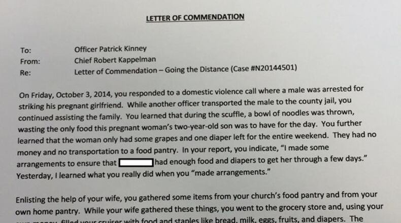 Officer Patrick Kinney, responding to a domestic violence call, learned a victimized pregnant woman was suffering financially and went out of his way to gather bread, diapers, milk, fruit, and eggs for her.