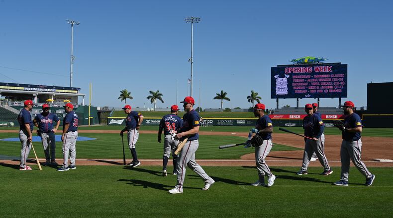 Atlanta Braves players and coaching staff prepare for their spring training workouts at CoolToday Park, Friday, Feb. 23, 2024, in North Port, Florida. (Hyosub Shin / Hyosub.Shin@ajc.com)