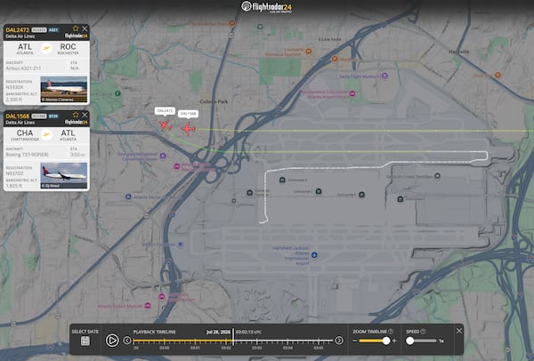 Delta flight 2472 was departing from the Atlanta airport to Rochester, New York, when it crossed in front of incoming Delta flight 1568 from Pittsburgh. The aircraft were separated by 1,230 feet laterally and 550 feet vertically at their closest point. (Courtesy of Flightradar24.com)