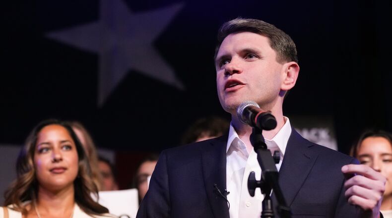 Texas state Rep. James Talarico, D-Austin, a Democratic candidate for the U.S. Senate, speaks at a primary election watch party Tuesday, March 3, 2026, in Austin, Texas. (AP Photo/Eric Gay)