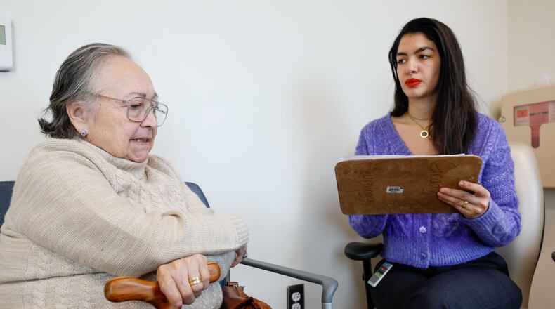 A patient at Georgia Memory Net Clinic at Grady Memorial Hospital, Beatriz Patiño (left), gets assistance from Dania Naser, a neuropsychology tester, as they work on an assessment on Monday, Nov. 20, 2023.
Miguel Martinez /miguel.martinezjimenez@ajc.com