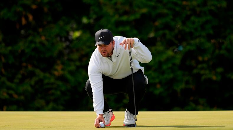 Chris Gotterup lines up his ball on the 12th green during the second round of the PGA Championship golf tournament at Aronimink Golf Club, Friday, May 15, 2026, in Newtown Square, PA. (AP Photo/Carolyn Kaster)