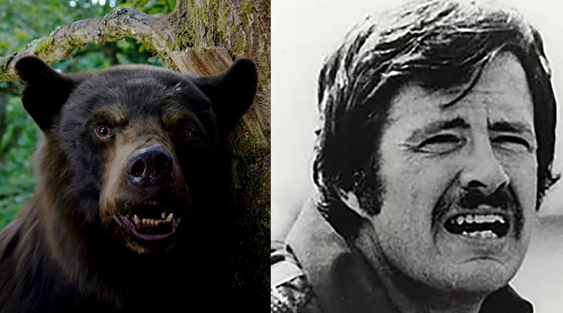 The bear in the movie "Cocaine Bear" and Drew Thornton, the man who died in 1985 after dropping the cocaine the actual bear found in the north Georgia mountains. UNIVERSAL PICTURES/FILE PHOTO