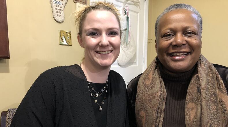 Karin R. (left), pictured here with Women of Gilgal founder Val Cater, credits the nonprofit with helping her overcome alcohol addiction. GRACIE BONDS STAPLES / GSTAPLES@AJC.COM