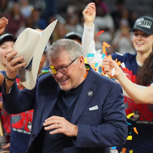 UConn head coach Geno Auriemma reacts after his team defeated Notre Dame in the Elite Eight of the NCAA college basketball tournament, Sunday, March 29, 2026, in Fort Worth, Texas. (AP Photo/LM Otero)