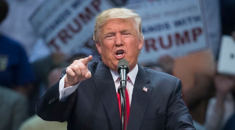 In this April 18, 2016 file photo, Republican presidential candidate Donald Trump speaks during a campaign stop in Buffalo, N.Y. Day after day, the candidates for president wake up, brush their teeth and pump themselves up to say the same thing they did yesterday. Most of what they say won't make the evening news, or get tweeted or repeated. But that spiel they repeat, with variations, to audience after audience in state after state, is a campaign essential.Lo, the lowly stump speech. (AP Photo/John Minchillo, File)
