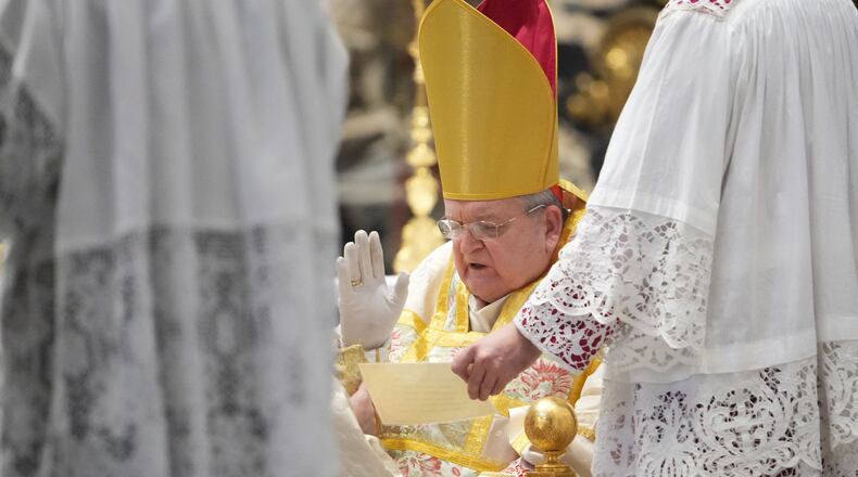 Cardinal Raymond Leo Burke celebrates an old Latin Mass for pilgrims in St. Peter's Basilica, at the Vatican, Saturday, Oct. 25, 2025. (AP Photo/Alessandra Tarantino)