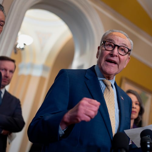 Senate Minority Leader Chuck Schumer, D-N.Y., speaks on fair elections and the Supreme Court's ruling to strike down a majority Black congressional district in Louisiana, at the Capitol in Washington, Wednesday, April 29, 2026. (AP Photo/J. Scott Applewhite)