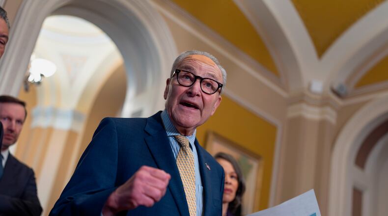 Senate Minority Leader Chuck Schumer, D-N.Y., speaks on fair elections and the Supreme Court's ruling to strike down a majority Black congressional district in Louisiana, at the Capitol in Washington, Wednesday, April 29, 2026. (AP Photo/J. Scott Applewhite)
