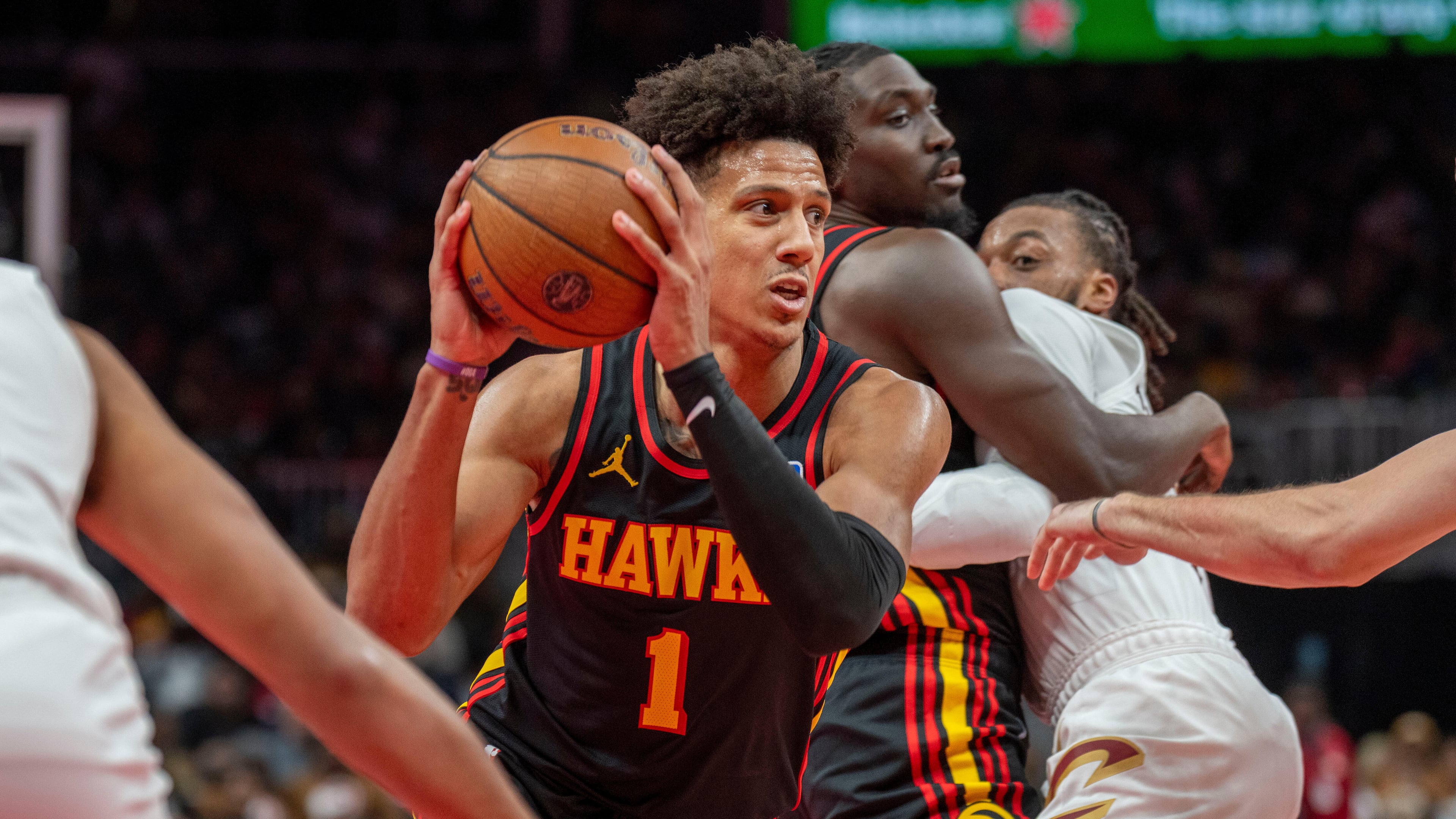 Atlanta Hawks forward Jalen Johnson drives the ball during the second half of an NBA Cup basketball game against the Cleveland Cavaliers, Friday, Nov. 28, 2025, in Atlanta. (Erik Rank/AP)