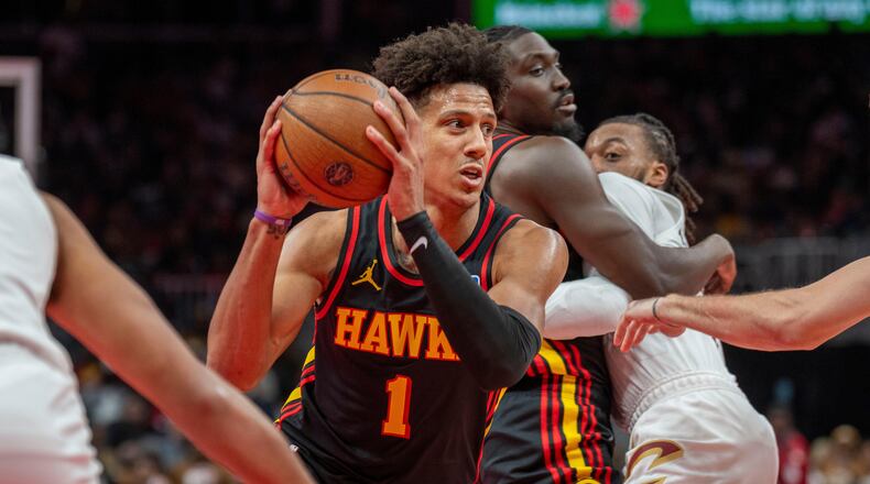 Atlanta Hawks forward Jalen Johnson drives the ball during the second half of an NBA Cup basketball game against the Cleveland Cavaliers, Friday, Nov. 28, 2025, in Atlanta. (Erik Rank/AP)